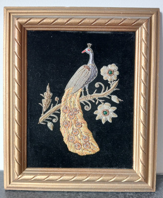 (311) Atemberaubende Vintage Indische Pfau Stickerei # Metallfäden Perlen Samt