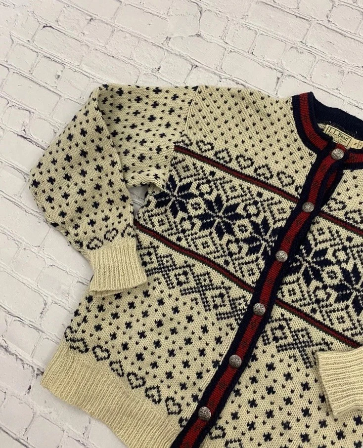 LL BEAN 北欧公平岛羊毛金属纽扣开衫毛衣 中号 复古 90 年代 美国 — 第 3/4 张图片