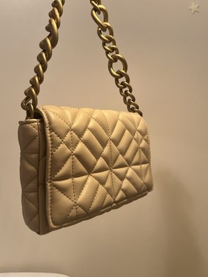 Zara Beige Quilted Leather Shoulder Bag for Women with Gold Chain Strap