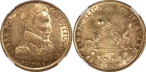 Bolivia 1837-LM (Potosi) Republic Gold 8 Scudos NGC MS-62 VERY STRONG STRIKE!!