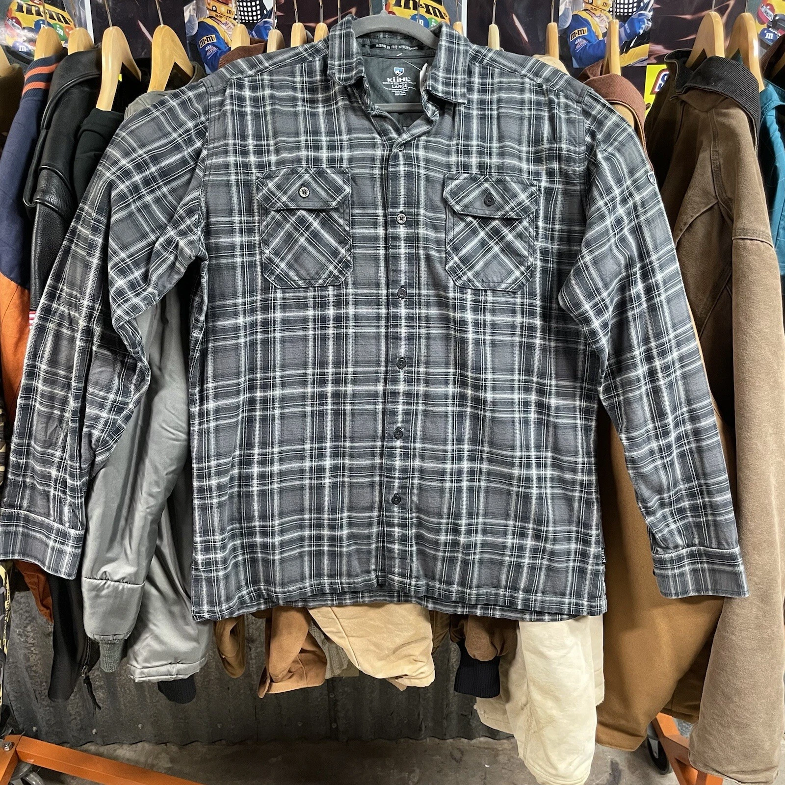 Kuhl Flannel Shirt Mens Large Dillingr Long Sleeve Button Up Outdoor Blue Plaid