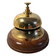 Brass Reception Desk Bell with Wooden Base, 12cm x 10cm for Hotels & Restaurants
