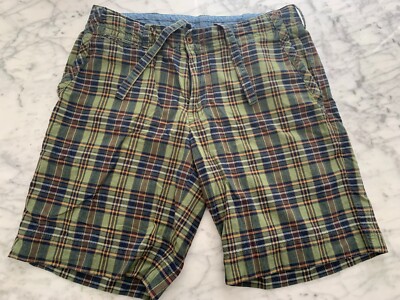 Vintage RARE Men's Polo Ralph Lauren Green Plaid Bermuda Draw String Shorts 34
