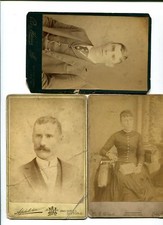 WOMAN HOLDING BOOK, PORTRAITS OF MEN. 3 SET CABINET CARDS FROM OHIO.