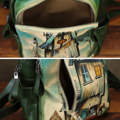 Genuine Leather Backpack Purse Women Hand Painted Vintage Rucksack Knapsack Bag - Picture 9 of 9