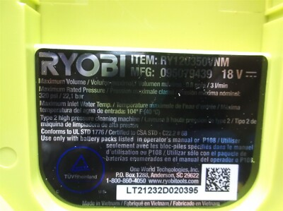 #ad #ad Ryobi RY120350vnm 18v EZ CLEAN Power Cleaner no accessories sn lt21232d020395 $32.56