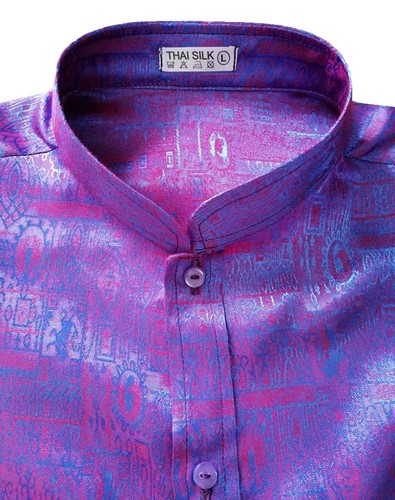 Mens Mandarin Collar Shirt Jacquard Thai Silk Long-Short Sleeve Casual Small-3XL - Picture 38 of 59