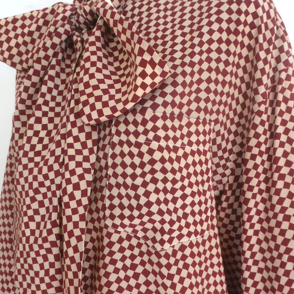 Marni Checkered Pussy Bow Blouse Burgundy & Beige Silk Size 42 Long Sleeve Top - Image 4 of 4