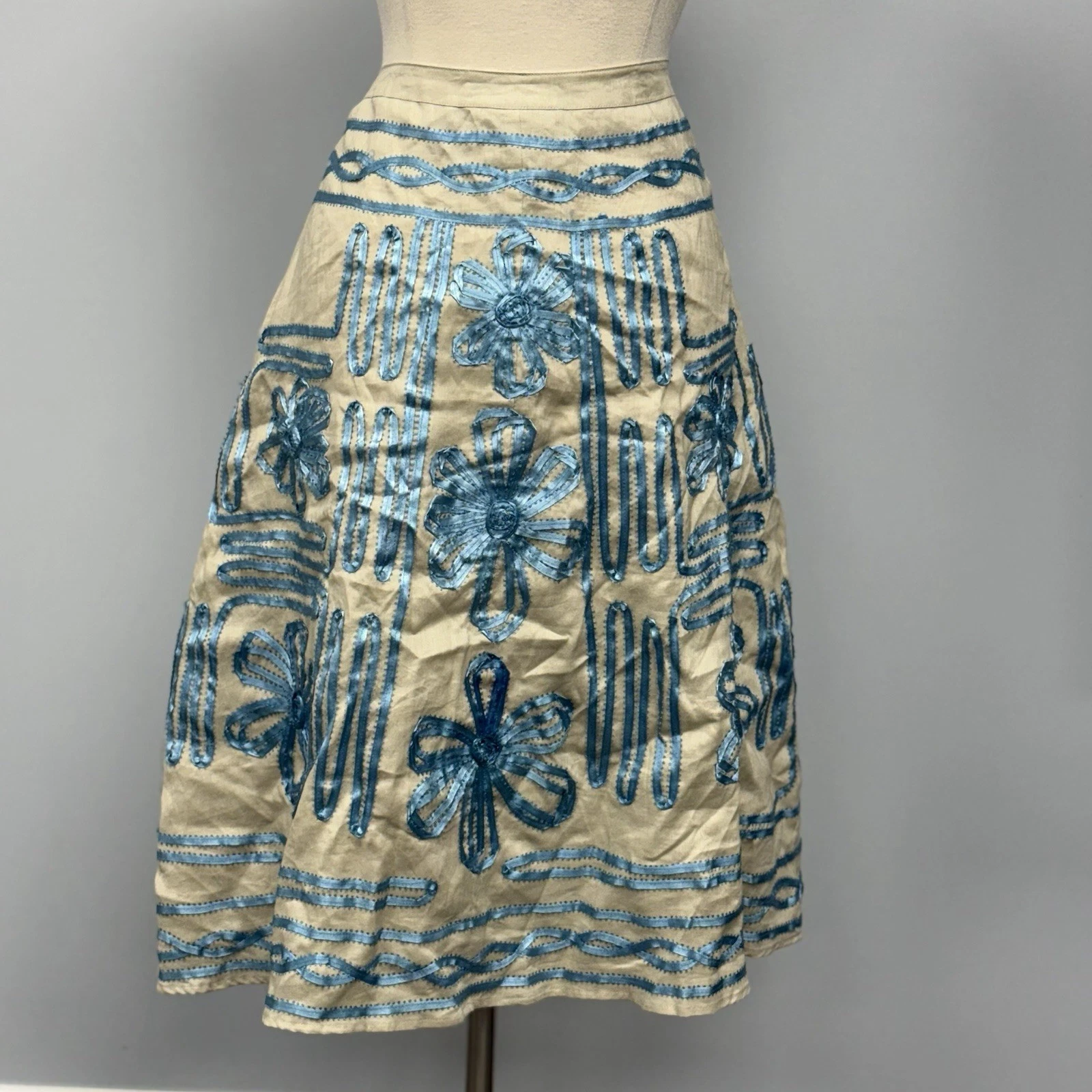 NWT Carole Little 100% Linen Skirt 8 Khaki & Teal Floral Ribbon Appliqué Vintage