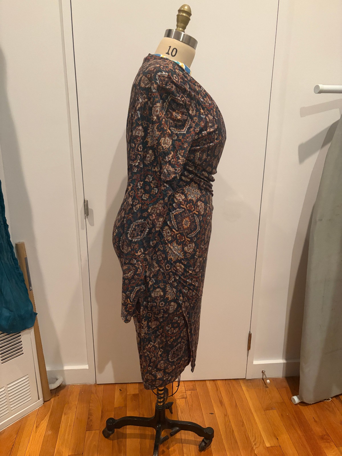 Peruvian Connection Long-sleeve faux wrap knit southwestern patterened dress