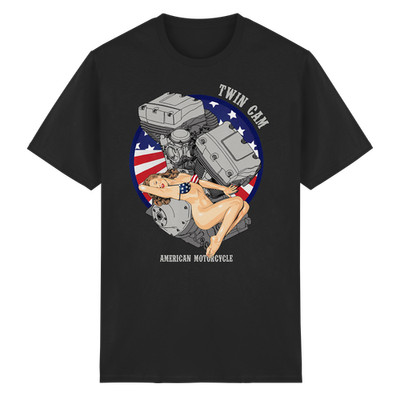 Twin Cam Motor T-Shirt American Motorcycle Biker V-Twin Chopper PinUp Girl