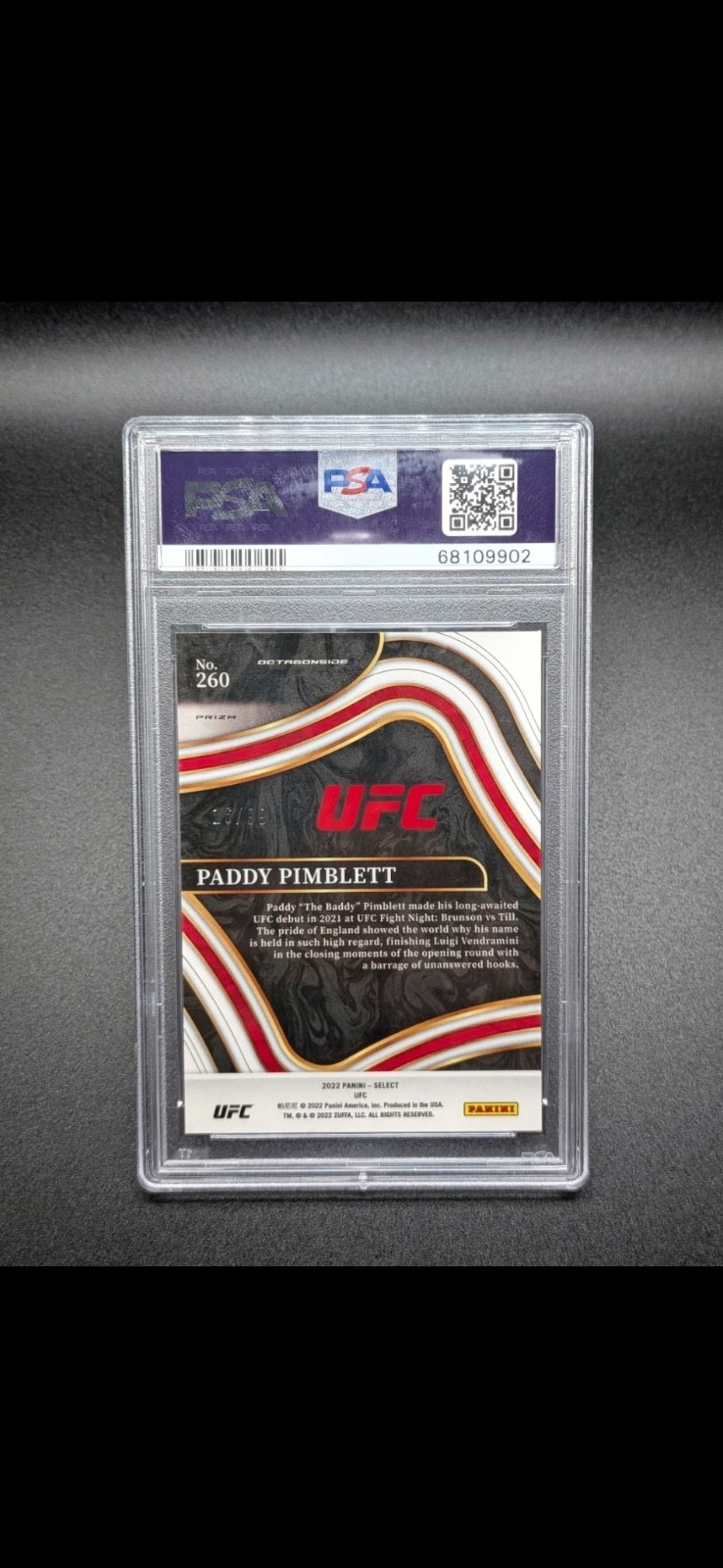 2022 Select UFC Paddy Pimblett Rookie Red Disco Prizm 16/99 PSA 9 RC #260 view 2