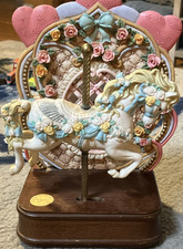 Carousel Horse Resin Figurine Painted Multicolor on Wood Base Floral Heart