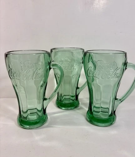 Vintage (3) Green Coca Cola Glasses With Handle Mug 12 oz 6.5" Tall