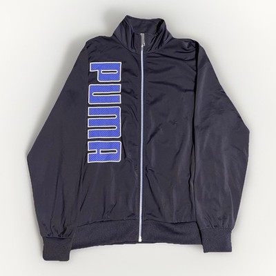 Puma Track Jacket Men Medium Navy Dazzle Shiny Full Zip Soccer Top Spell Out Y2K