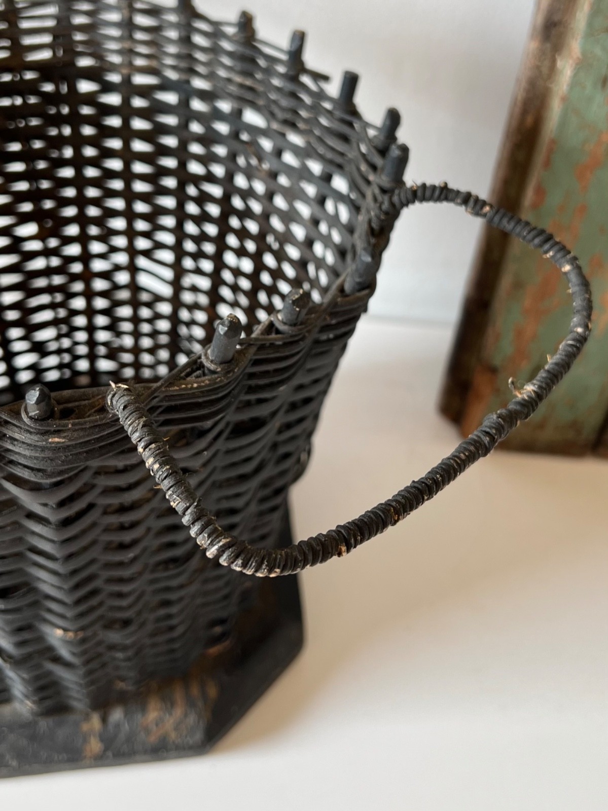 Antique Funeral Flower Basket Black Painted Wicker Woven Mourning Display
