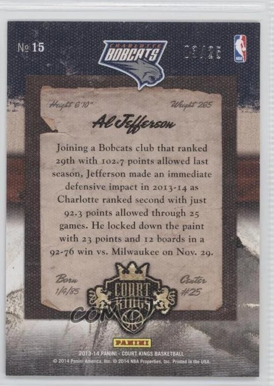 2013-14 Panini Court Kings Gold /25 Al Jefferson #15 - Image 2 of 2