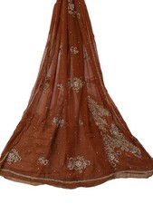 Brown Chiffon Dupatta Golden Hand Embroidery, Indian Wedding Scarf LD7260