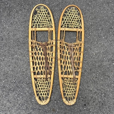 VTG  Canadian Snowshoes Wood Rawhide w/ Bindings - 10x36 Made in Canada VGC