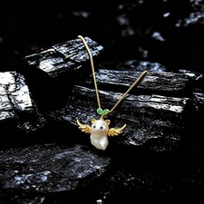 Natural Baroque Freshwater Pearl Necklace Winged Green Sprout Pendant
