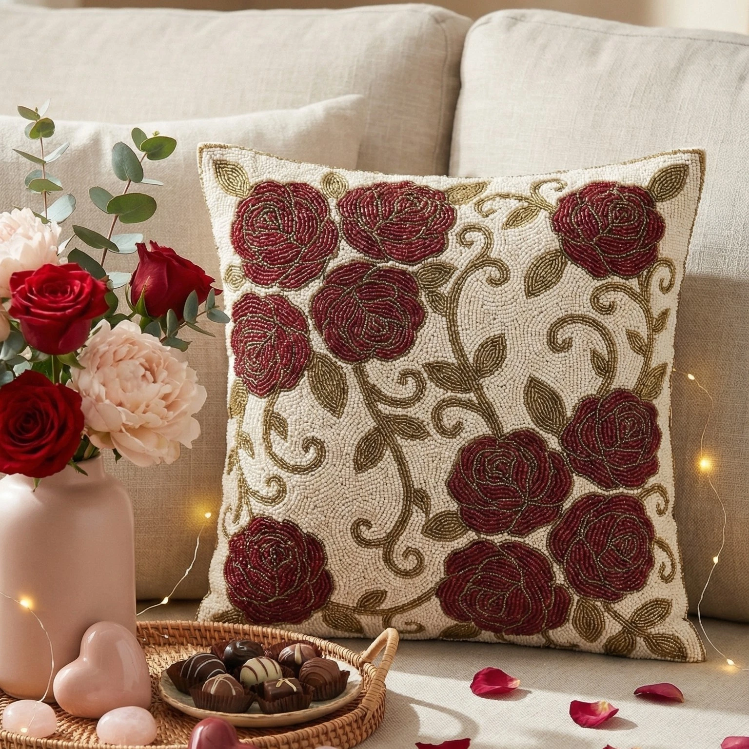 Beaded Rose Floral Throw Pillow Cover Red Cream Decorative Cushion Case 16x16
Opens in a new window