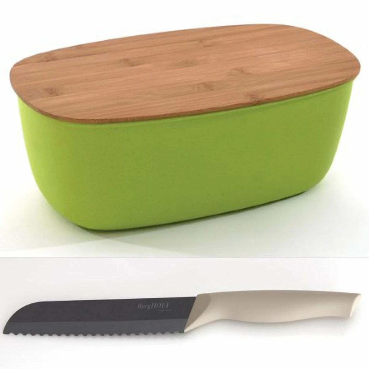 BERGHOFF Cook N Co Green Bamboo Top Bread Bin + 6" Bread Knife Bundle (DEFECTS)
