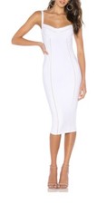 Nookie Chicago Midi Dress White With Beige Trim Sz M NWT Revolve Packaging