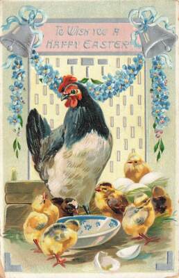c1910 Raphael Tuck Hen Chicks Eat Eggs Hatch Happy Easter Embossed P154