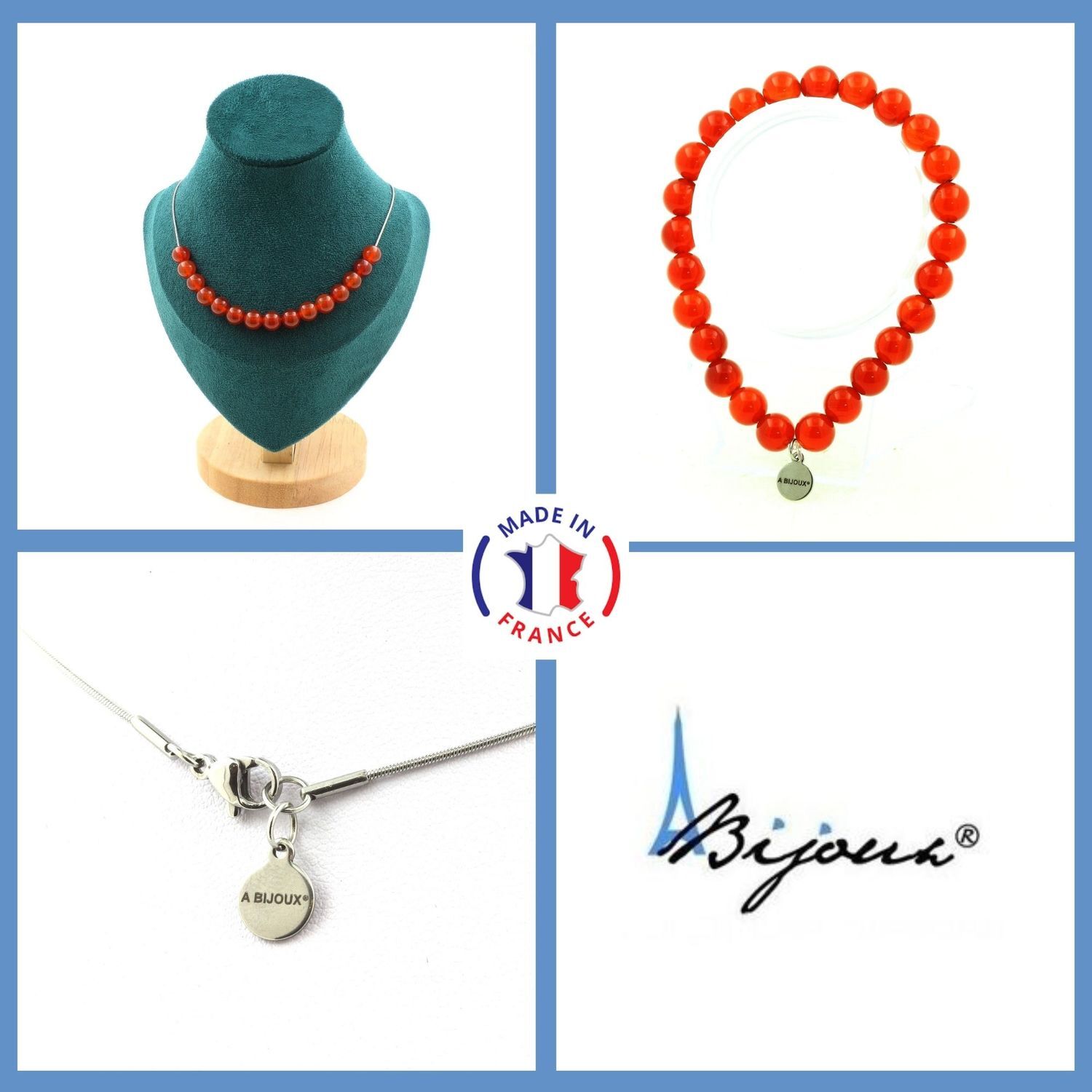 Collier et bracelet en Cornaline d'Uruguay, parure bijoux en pierres fines