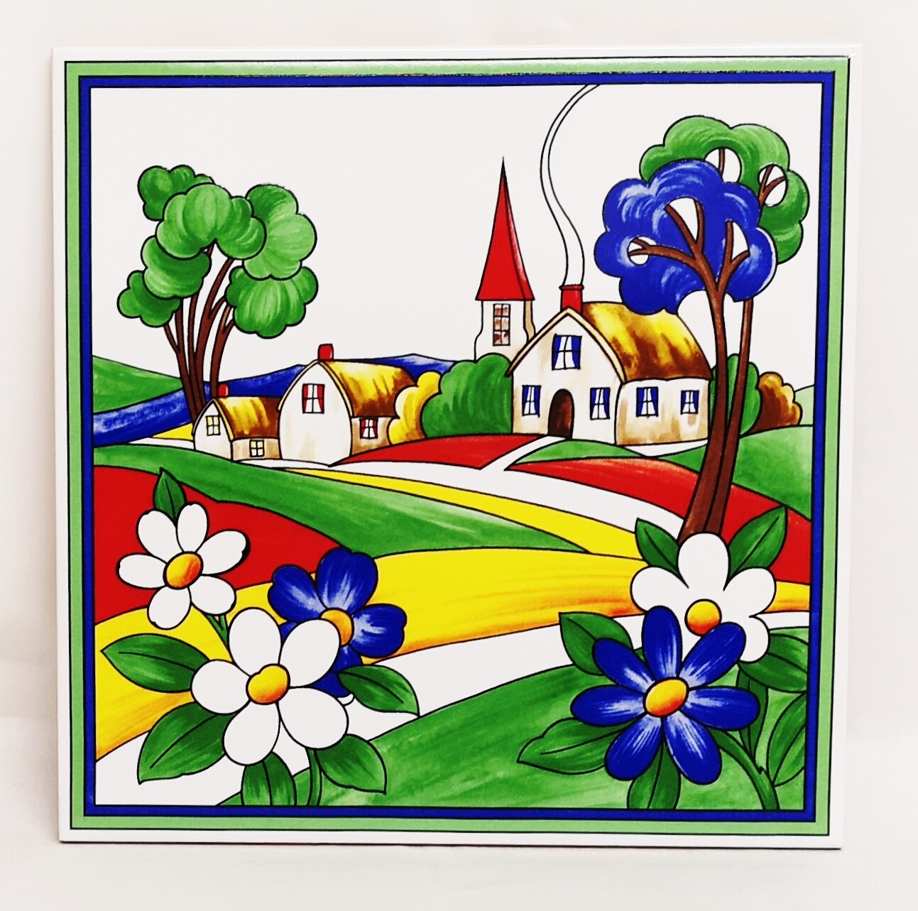 Art Deco Village Decorative Ceramic Tile 8"" 20 cm Colourful Country Scene UK