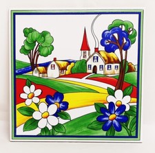 Art Deco Village Decorative Ceramic Tile 8" 20 cm Colourful Country Scene UK