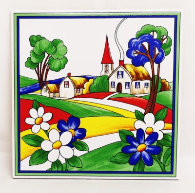 Art Deco Dorf Deko Keramikfliese 8'' 20 cm Bunte Landszene UK