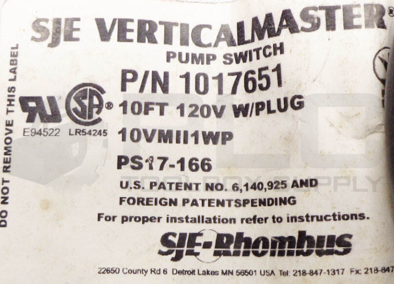 NEW SJERHOMBUS PS17166 / 1017651 / 10VMII1WP VERTICALMASTER II PUMP SWITCH eBay
