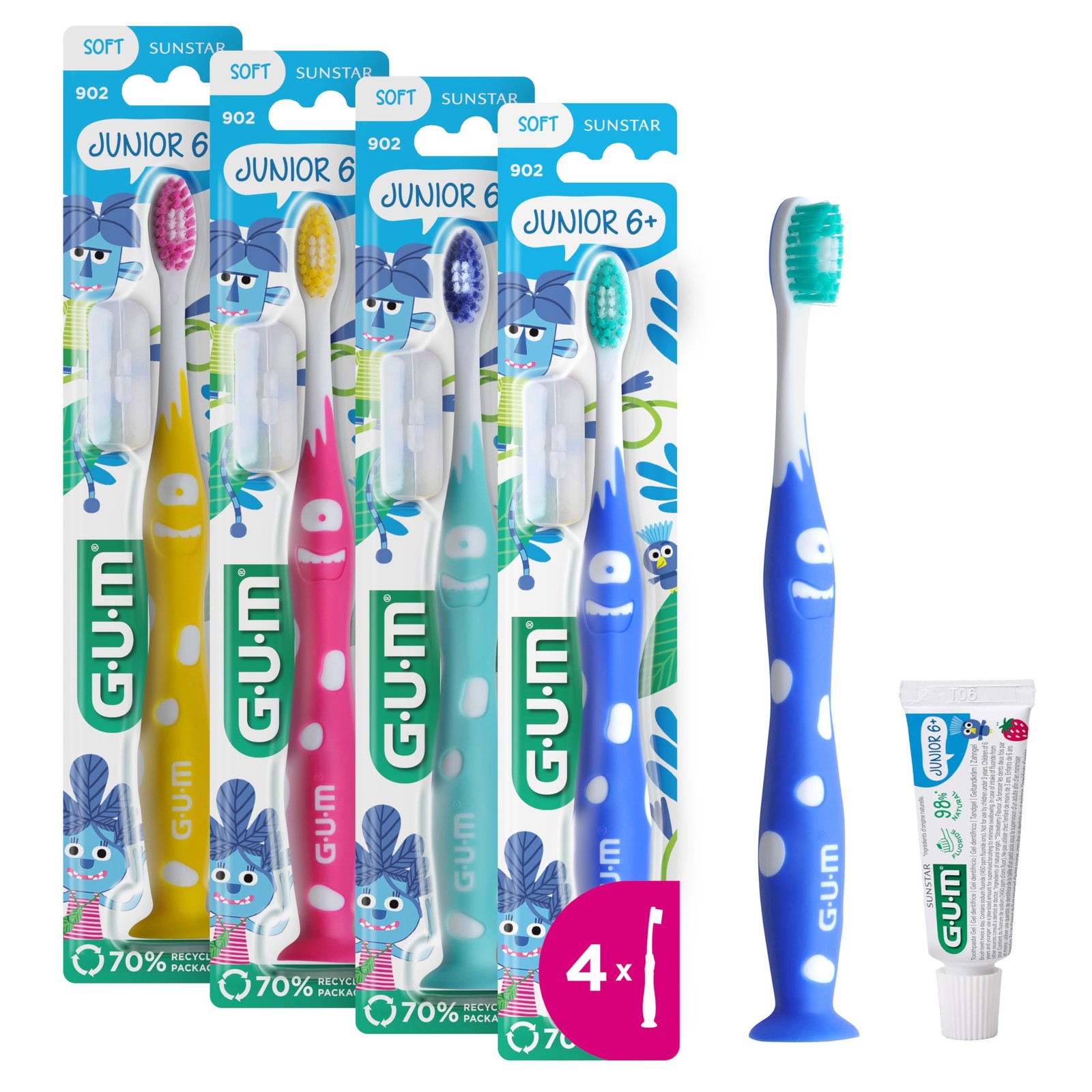 Brosse à dents junior 6-9 ans avec tête rembourrée ergonomique et souple en bleu turquoise
