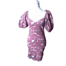 Zara Women's Medium Floral Short Puff Sleeve Pink Smocked Bodycon Dress Stretch