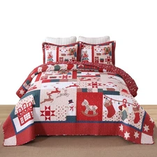 3 PCS Vintage Christmas Patchwork Quilt Set – Reversible Holiday Bedspread BY220
