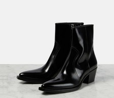 Prada Black Leather Hammer Western Logo Heel Ankle Boot Size 35.5 / 5