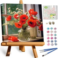 Framed Paint by Numbers Kit for Adults Beginners, 12x12inch Red Flower Paint by 