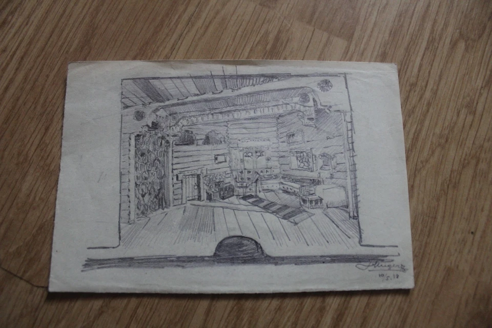 Signiert 1918: kleine, detaillierte Zeichnung eines Raums - 13x9 cm