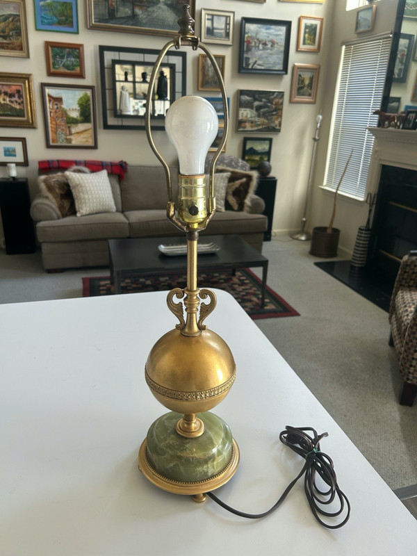 SUPERB RARE ANTIQUE 24" ELECTRIC TABLE LAMP Green Marble & Brass EXCELLENT