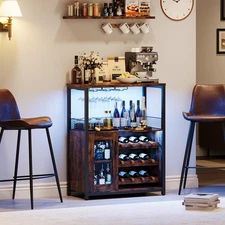Wine Bar Cabinet With Wine Rack And Glass Holder, Retro Color, With Light, New