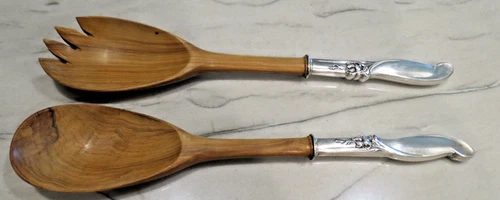 Sterling Silver Handle International Silver Melody 2 pc Salad Set Wooden Bowl