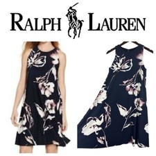Ralph Lauren Sz 4 Small Dress Floral Swing Flare Navy Blue White Silky Slvlss G