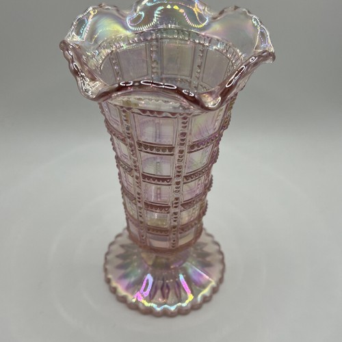 Pink Imperial Glass Iridescent Carnival Glass 6 1/4" Tall Vase Block Pattern - Picture 2 of 7
