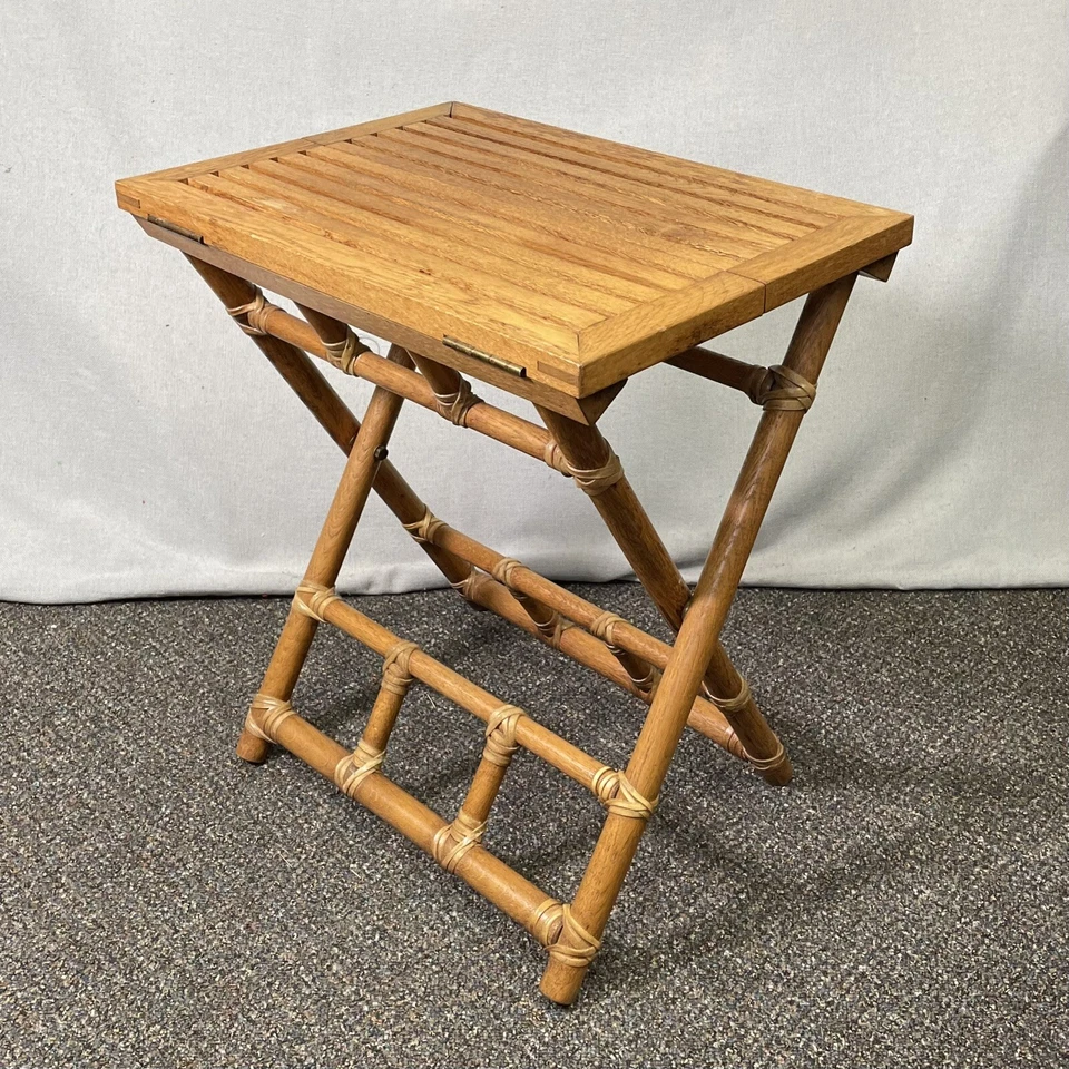 VINTAGE McGuire Rattan Oak Campaign Folding Drink Side Table Pinch Finger Bamboo - Image 2 of 4