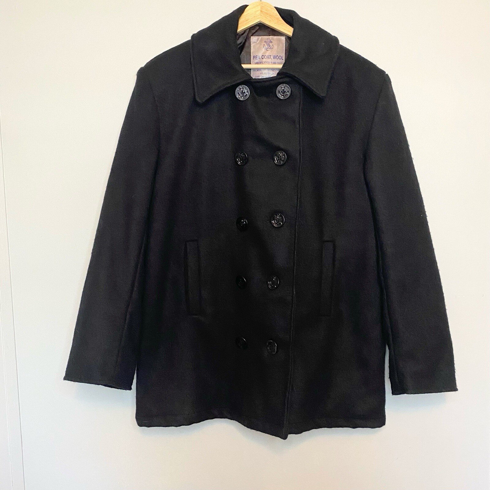 Vintage Men’s Black Wool Heavy Quilted Lining Pea Coat Sz M