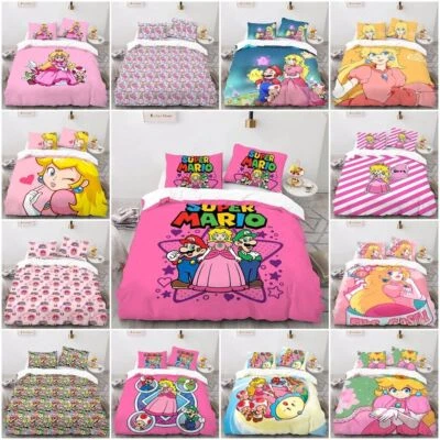 Princess Peach Super Mario Duvet Cover Cartoon Bedding Set Single Double King UK