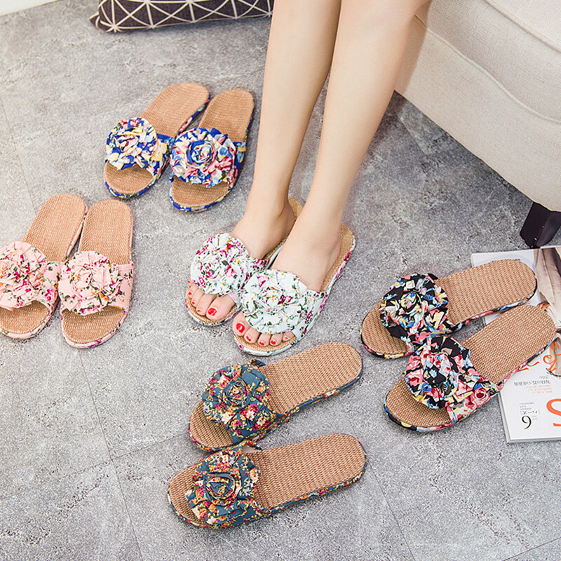 Women Non-slip Floral Slipper Shoes Linen Blend Open-toe