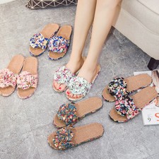 Women Floral Linen Blend Open Toe Slippers Non Slip Beach Bathroom New
