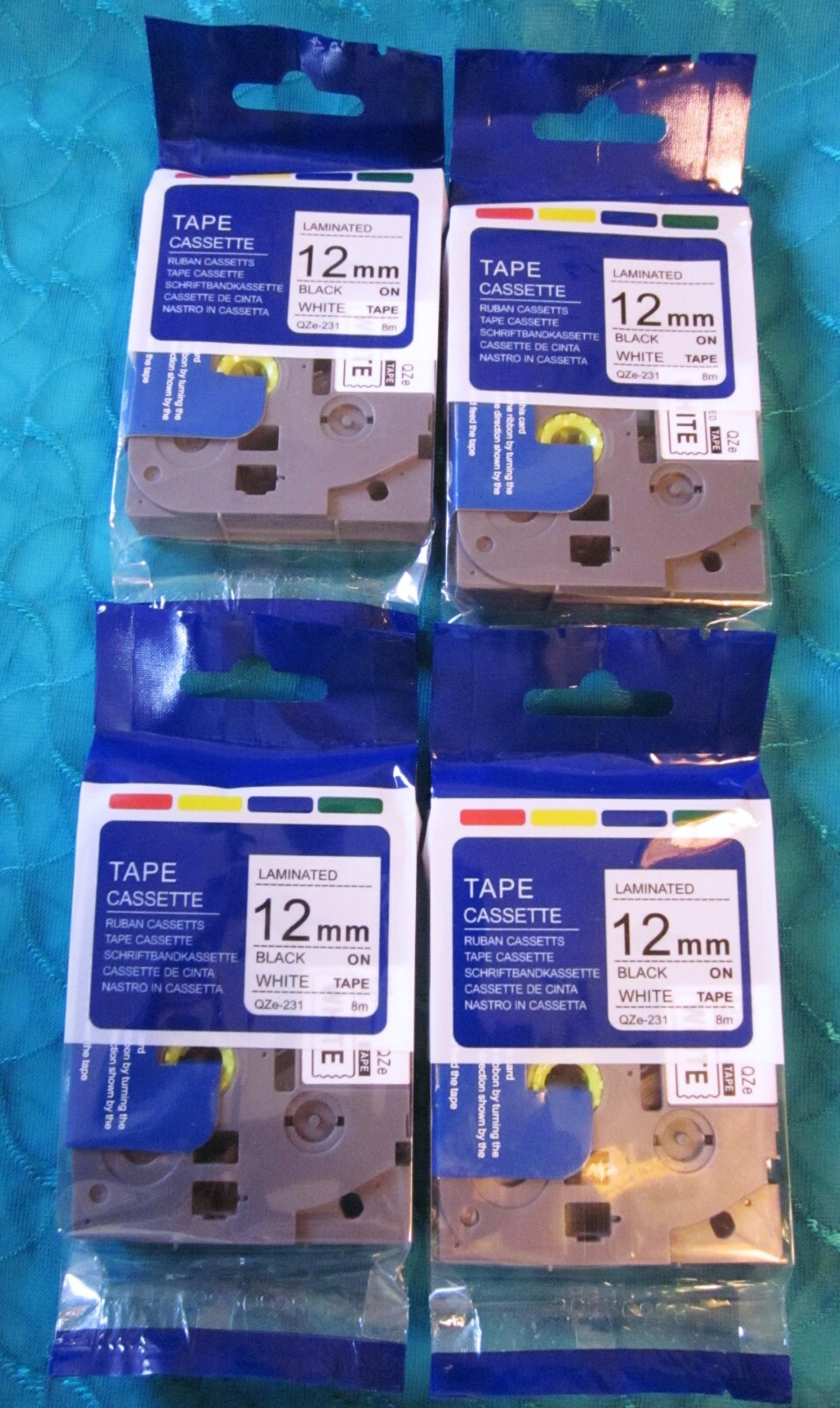 Lot 4 Printer Tape Cassettes Laminated 12mm 0.47" Black on White QZe